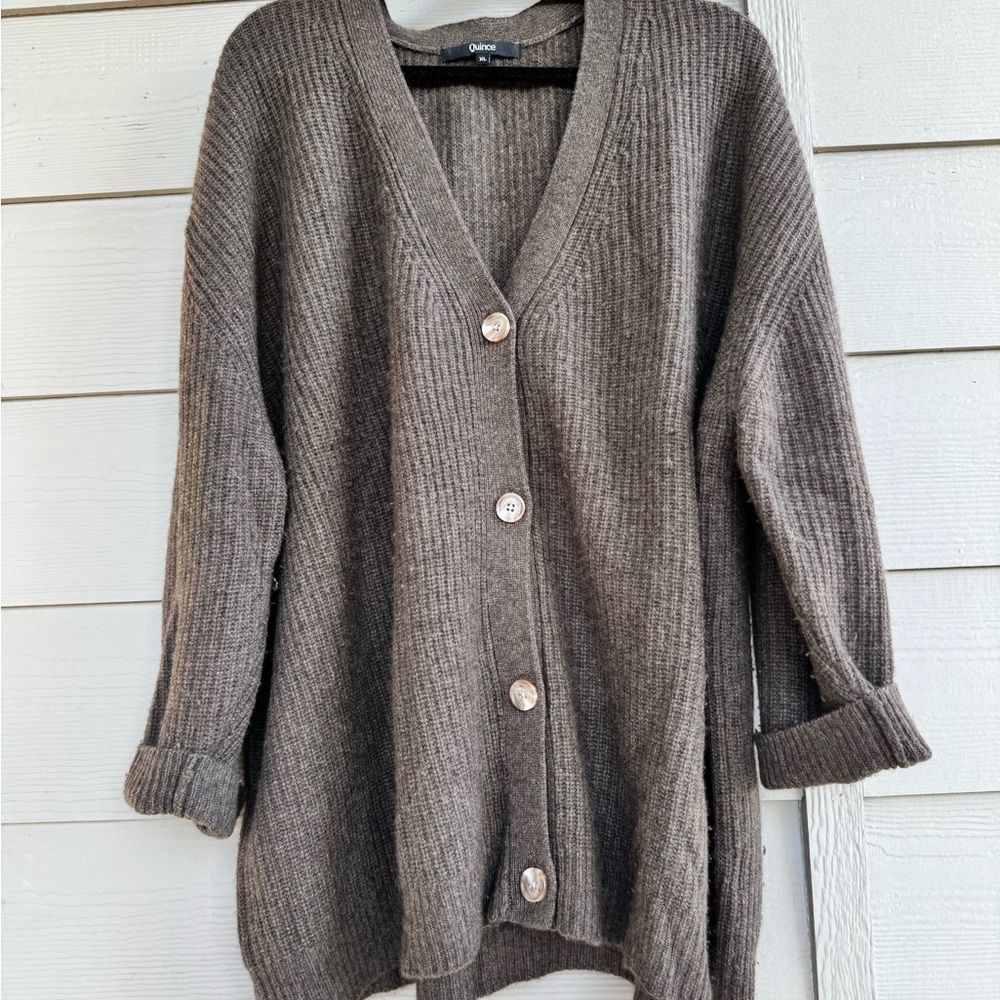 Quince 100% Cashmere Taupe Button-Up Cardigan
